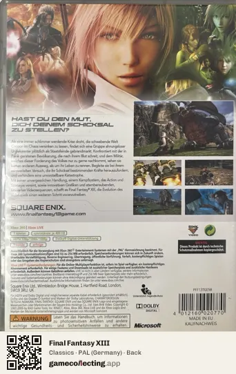 Final Fantasy XIII Xbox 360, Germany box back
