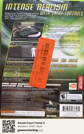 Smash Court Tennis 3 Xbox 360, NTSC box back