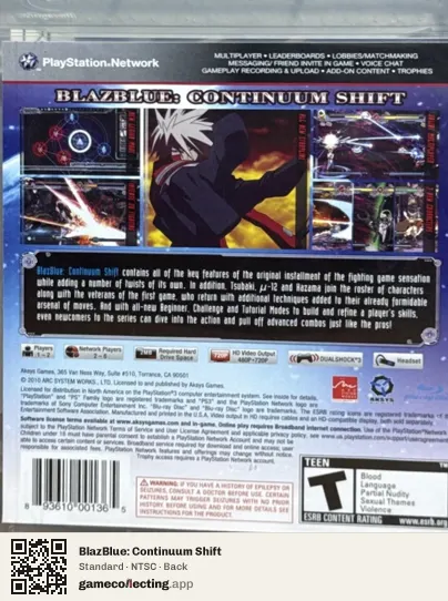 BlazBlue: Continuum Shift PlayStation 3, NTSC box back