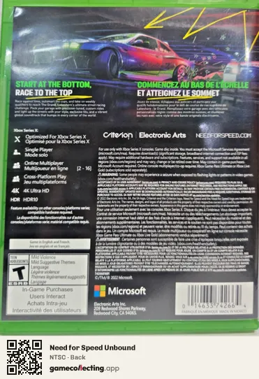 Need for Speed Unbound Xbox Series X, NTSC box back