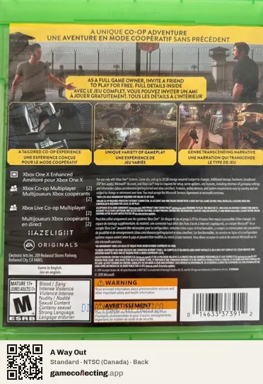 A Way Out Xbox One, Canada box back