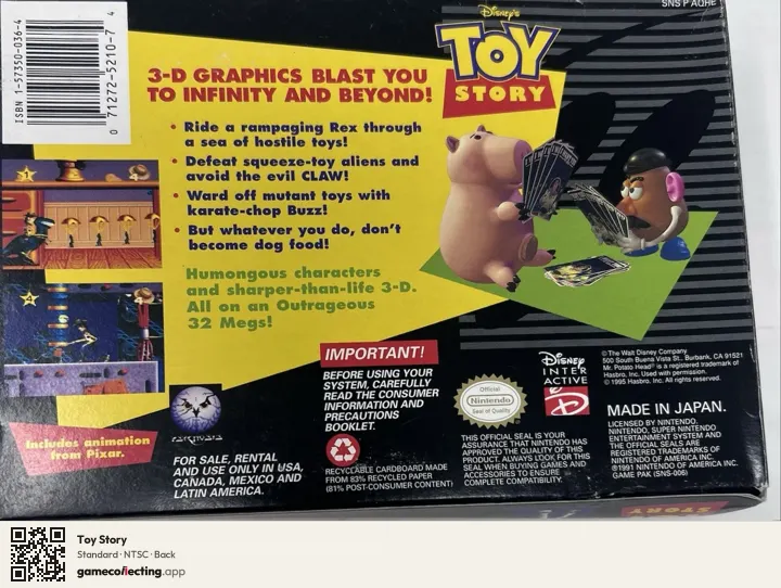 Toy Story Super Nintendo Entertainment System, NTSC box back