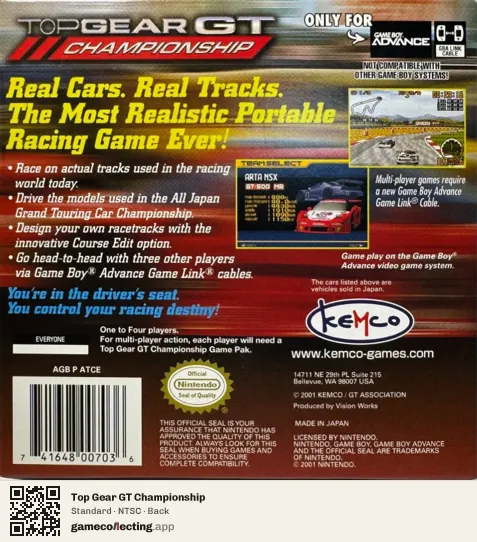 Top Gear GT Championship Game Boy Advance, NTSC box back