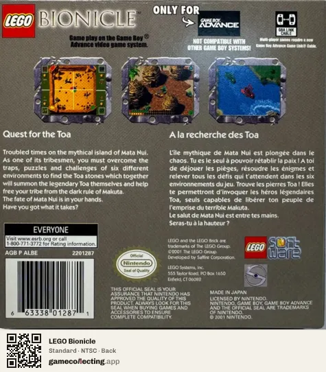 LEGO Bionicle Game Boy Advance, NTSC box back