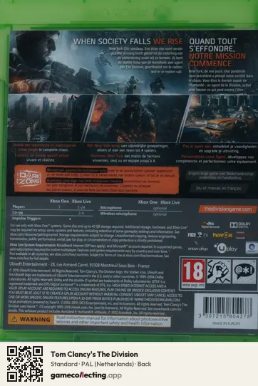 Tom Clancy's The Division Xbox One, Netherlands box back
