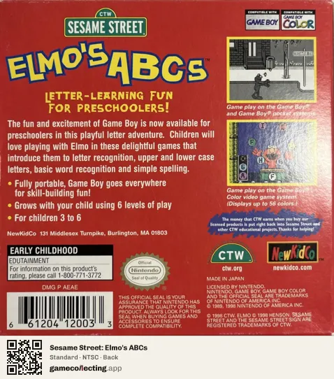 Sesame Street: Elmo's ABCs Game Boy Color, NTSC box back
