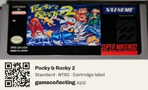 Pocky & Rocky 2 Super Nintendo Entertainment System, NTSC cartridge label