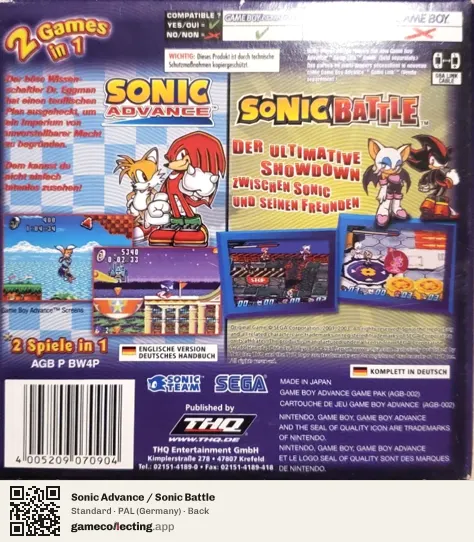 Sonic Advance / Sonic Battle Game Boy Advance, Germany box back