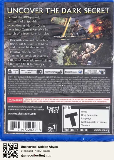 Uncharted: Golden Abyss PlayStation Vita, NTSC box back