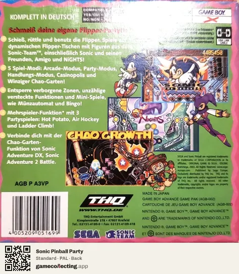 Sonic Pinball Party Game Boy Advance, PAL box back