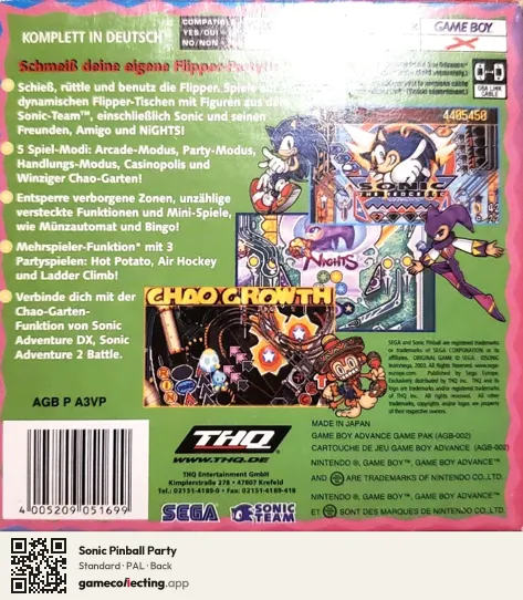Sonic Pinball Party Game Boy Advance, PAL box back