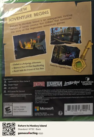 Return to Monkey Island Xbox Series X, NTSC box back