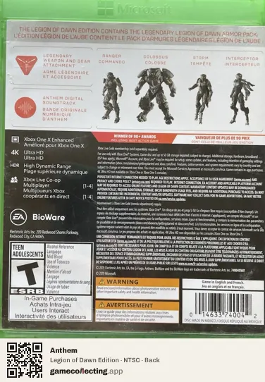 Anthem Xbox One, NTSC box back