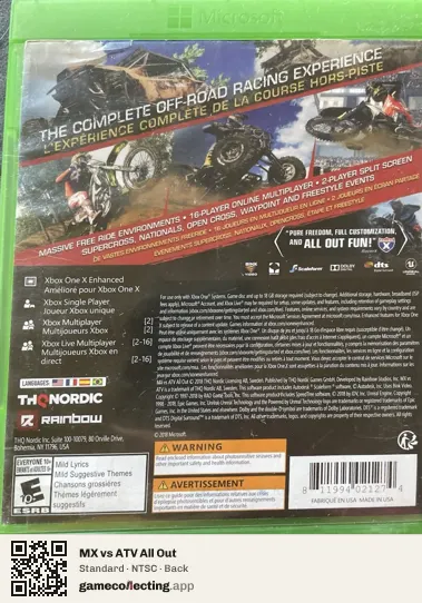 MX vs ATV All Out Xbox One, NTSC box back