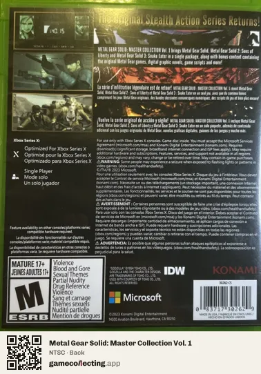 Metal Gear Solid: Master Collection Vol. 1 Xbox Series X, NTSC box back