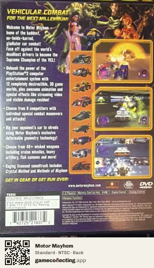 Motor Mayhem PlayStation 2, NTSC box back