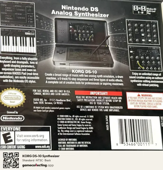 KORG DS-10 Synthesizer Nintendo DS, NTSC box back