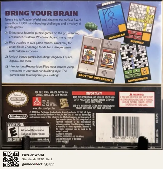 Puzzler World Nintendo DS, NTSC box back
