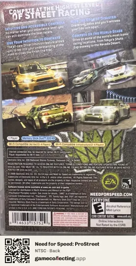 Need for Speed: ProStreet PlayStation Portable, NTSC box back