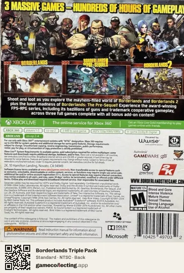 Borderlands Triple Pack Xbox 360, NTSC box back