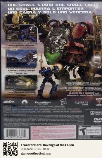 Transformers: Revenge of the Fallen PlayStation 2, NTSC box back