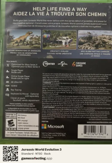 Jurassic World Evolution 3 Xbox Series X, NTSC box back
