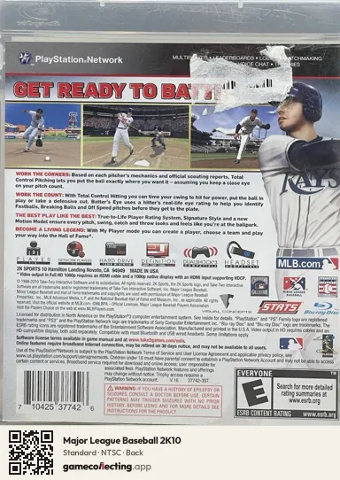 Major League Baseball 2K10 PlayStation 3, NTSC box back