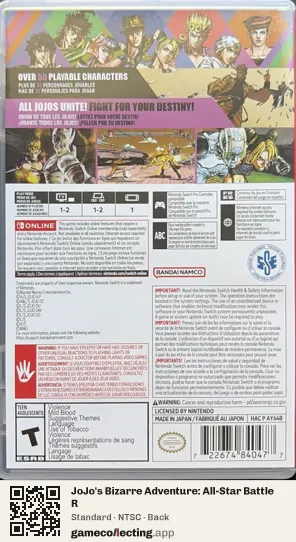 JoJo's Bizarre Adventure: All-Star Battle R Nintendo Switch, NTSC box back