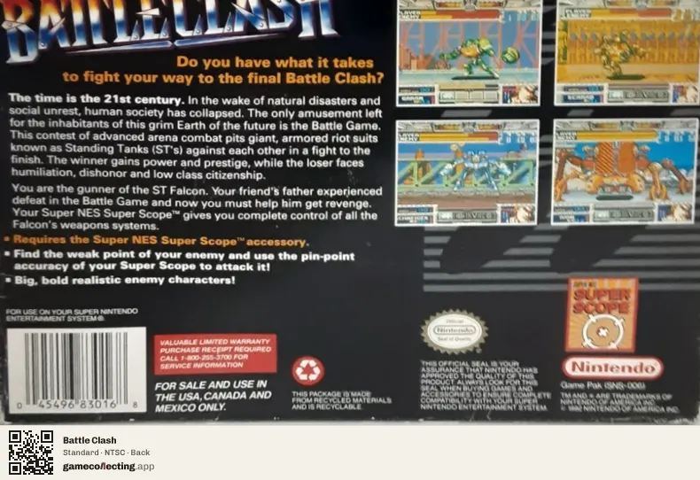 Battle Clash Super Nintendo Entertainment System, NTSC box back