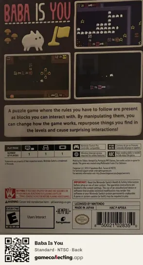 Baba Is You Nintendo Switch, NTSC box back