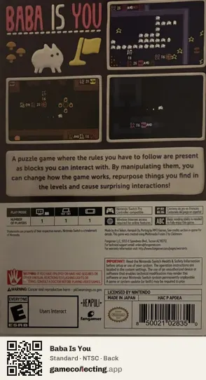 Baba Is You Nintendo Switch, NTSC box back