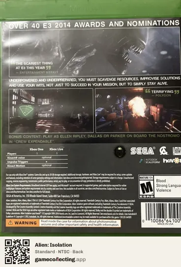 Alien: Isolation Xbox One, NTSC box back