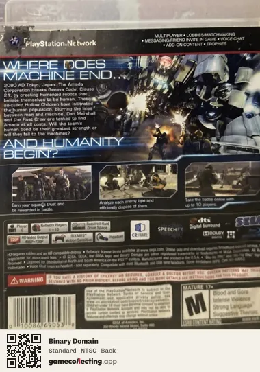 Binary Domain PlayStation 3, NTSC box back