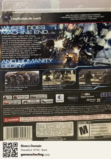 Binary Domain PlayStation 3, NTSC box back