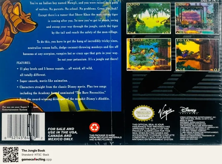 The Jungle Book Super Nintendo Entertainment System, NTSC box back