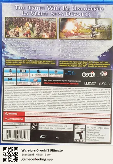 Warriors Orochi 3 Ultimate PlayStation 4, NTSC box back