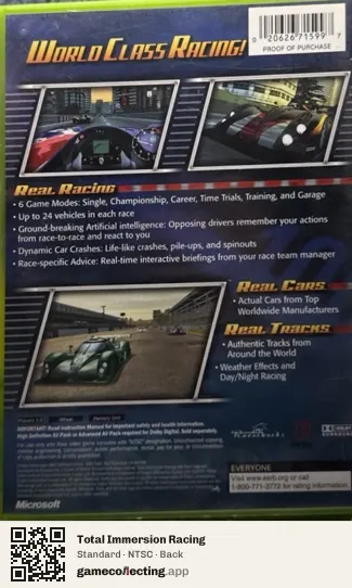 Total Immersion Racing Xbox, NTSC box back