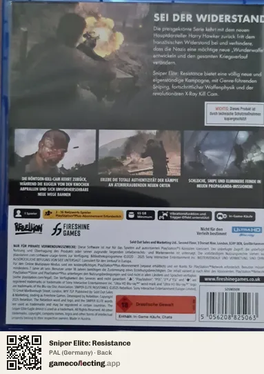 Sniper Elite: Resistance PlayStation 5, Germany box back