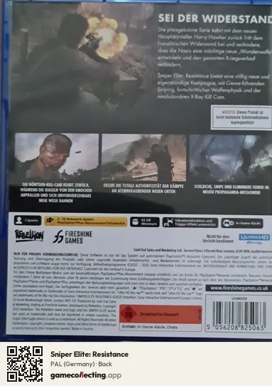 Sniper Elite: Resistance PlayStation 5, Germany box back