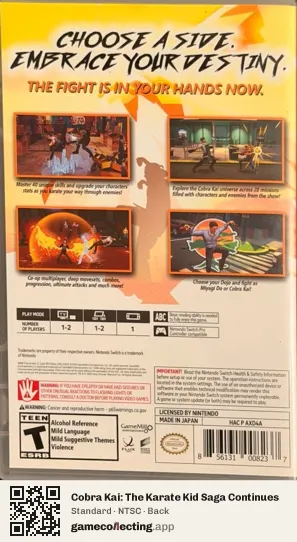 Cobra Kai: The Karate Kid Saga Continues Nintendo Switch, NTSC box back