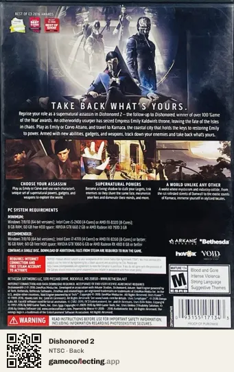 Dishonored 2 Computer, NTSC box back