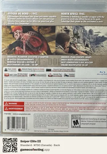 Sniper Elite III PlayStation 3, Canada box back