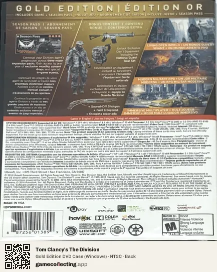Tom Clancy's The Division Computer, NTSC box back