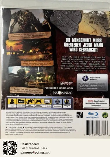 Resistance 2 PlayStation 3, Germany box back