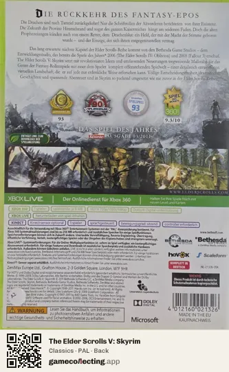 The Elder Scrolls V: Skyrim Xbox 360, PAL box back