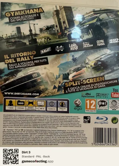 Dirt 3 PlayStation 3, PAL box back