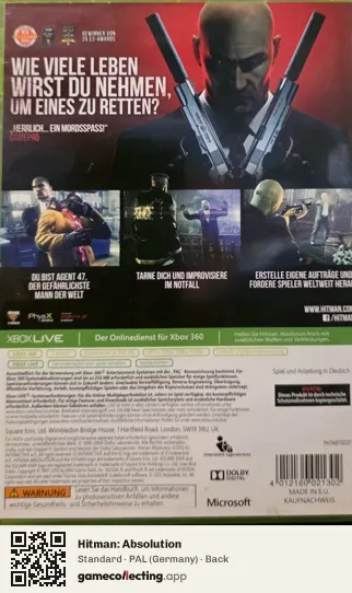 Hitman: Absolution Xbox 360, Germany box back
