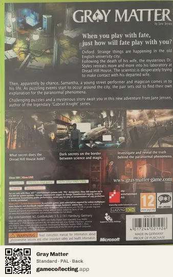 Gray Matter Xbox 360, PAL box back