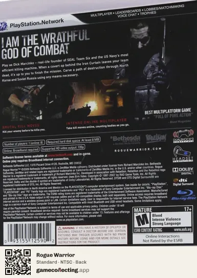 Rogue Warrior PlayStation 3, NTSC box back