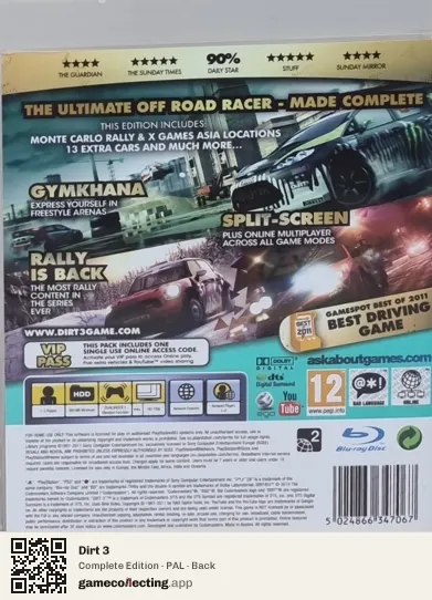 Dirt 3 PlayStation 3, PAL box back
